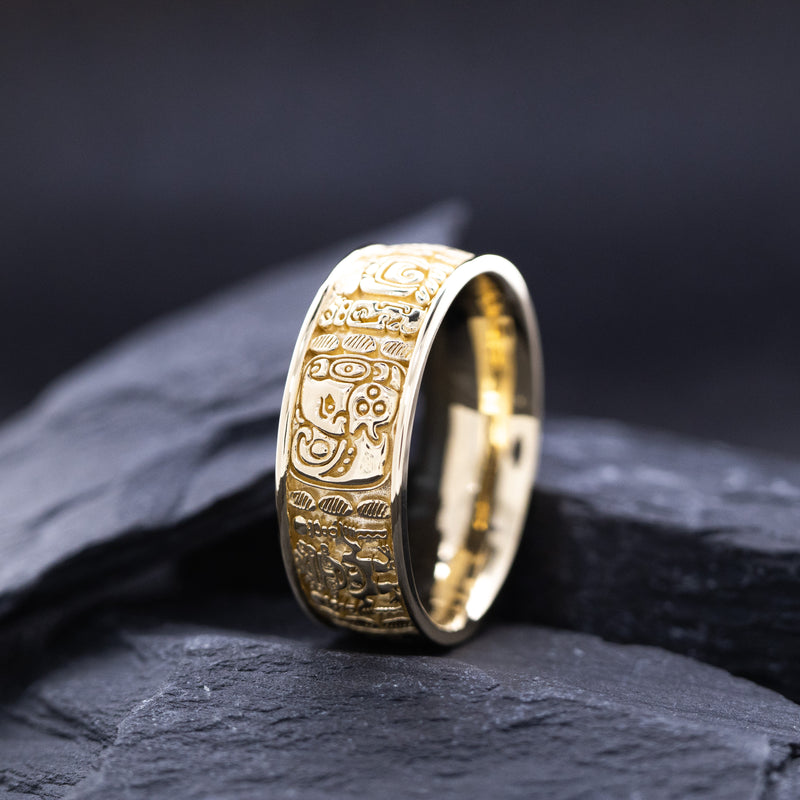 8mm Custom Made, Solid Yellow Gold Ring with Mayan Inspired Symbols