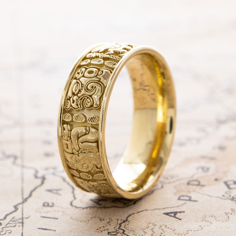 8mm Custom Made, Solid Yellow Gold Ring with Mayan Inspired Symbols