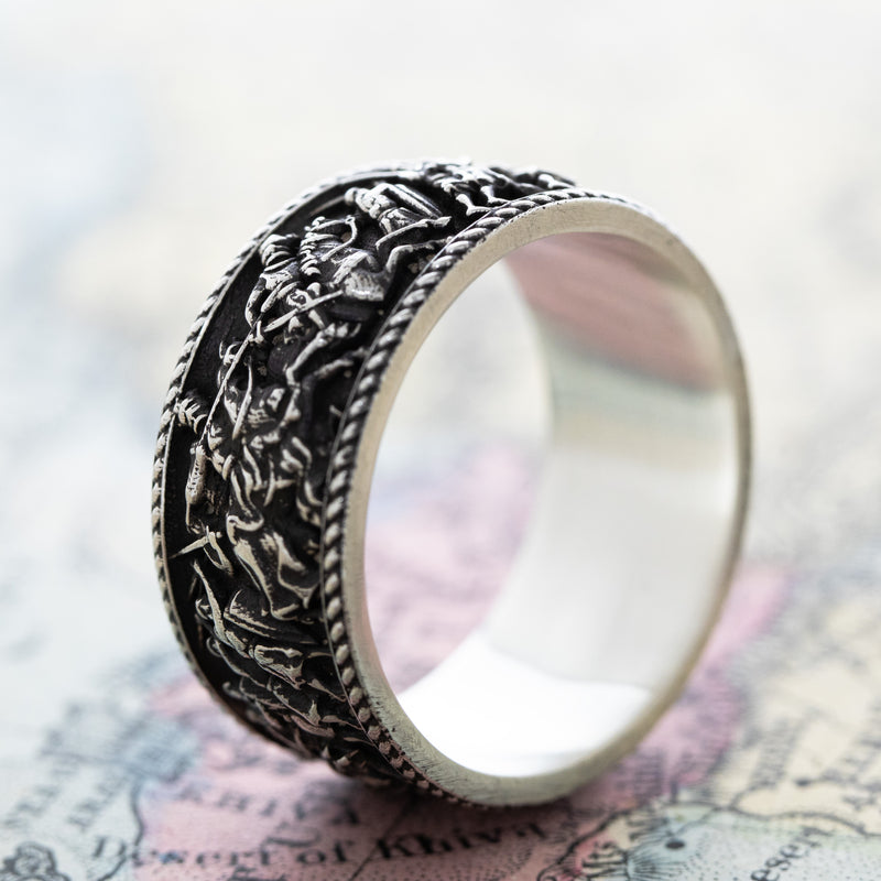 10mm Custom Made, Dome Shaped, Sterling Silver Ring with Medieval Battlefield & Castle