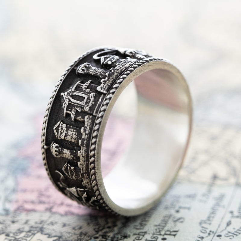 10mm Custom Made, Dome Shaped, Sterling Silver Ring with Medieval Battlefield & Castle