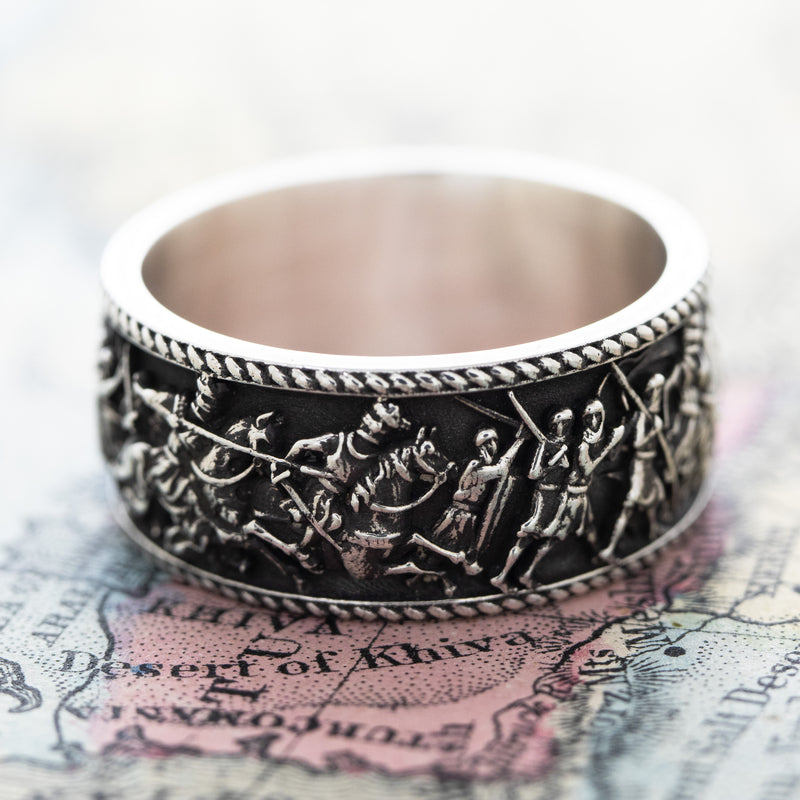 10mm Custom Made, Dome Shaped, Sterling Silver Ring with Medieval Battlefield & Castle