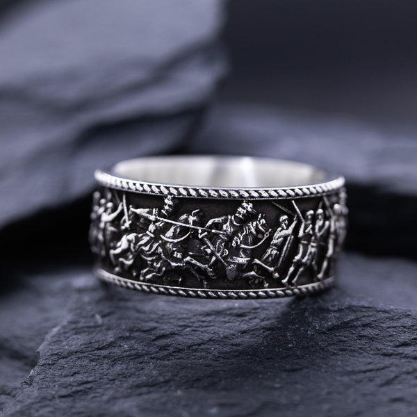 10mm Custom Made, Dome Shaped, Sterling Silver Ring with Medieval Battlefield & Castle