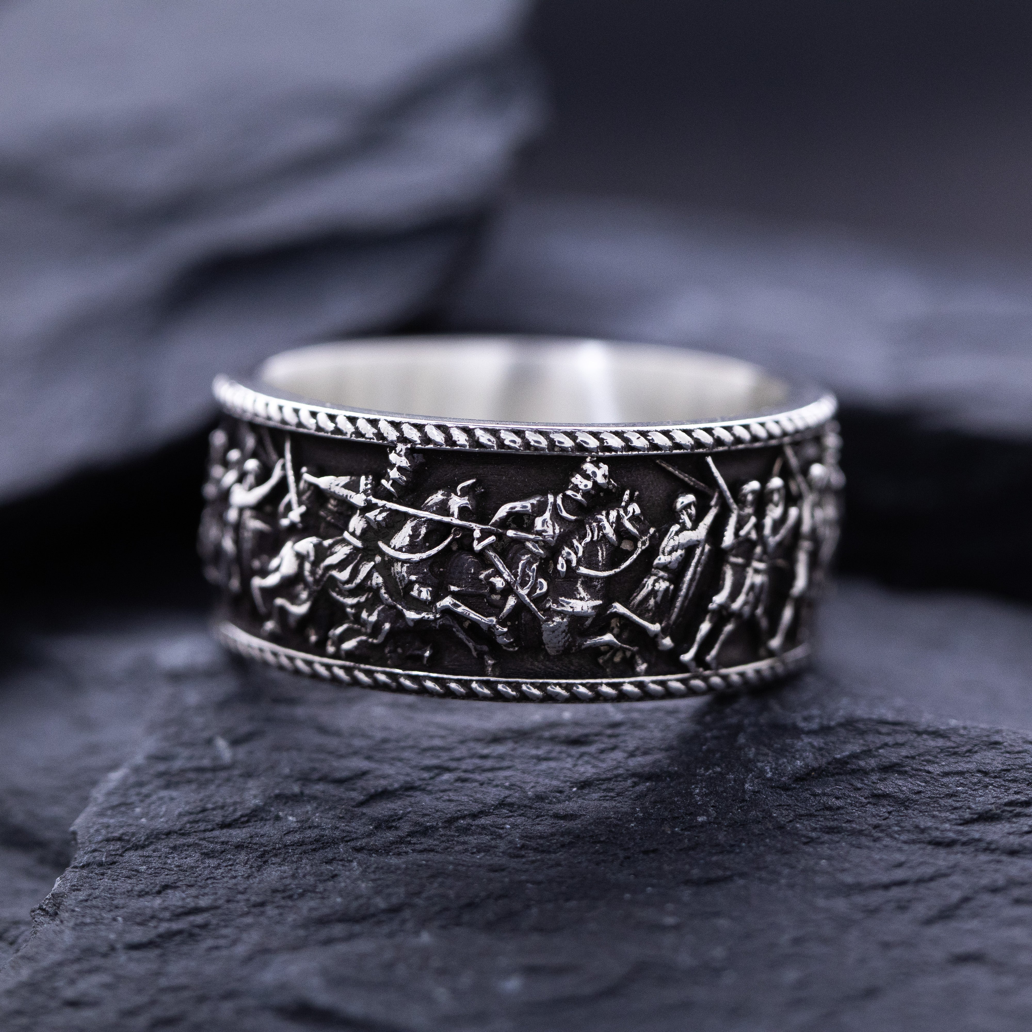 10mm Custom Made, Dome Shaped, Sterling Silver Ring with Medieval Battlefield & Castle