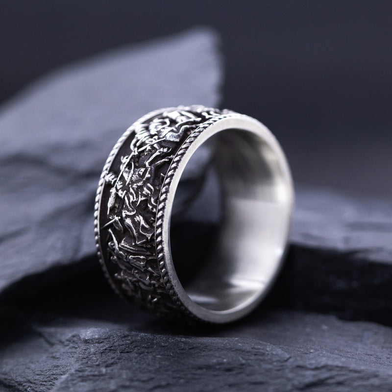 10mm Custom Made, Dome Shaped, Sterling Silver Ring with Medieval Battlefield & Castle