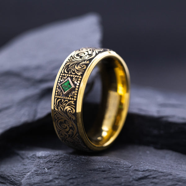 8mm Tungsten Carbide Ring with Yellow Gold Plating, Square Emerald and Victorian Style Floral Deep Engravings