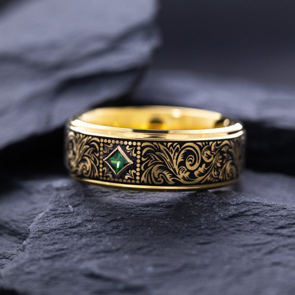 8mm Tungsten Carbide Ring with Yellow Gold Plating, Square Emerald and Victorian Style Floral Deep Engravings