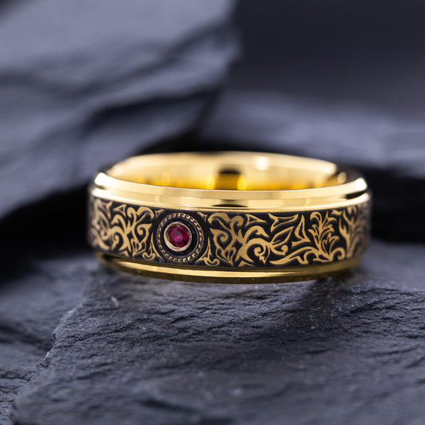 8mm Tungsten Carbide Ring with Yellow Gold Plating, Red Ruby and Victorian Style Floral Deep Engravings