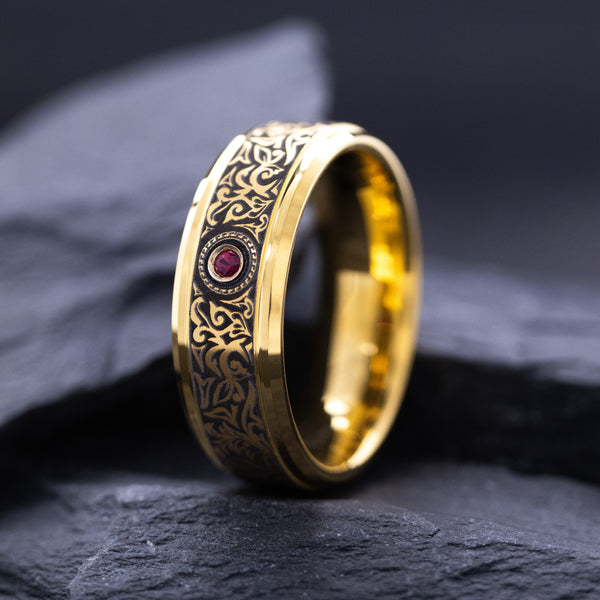 8mm Tungsten Carbide Ring with Yellow Gold Plating, Red Ruby and Victorian Style Floral Deep Engravings