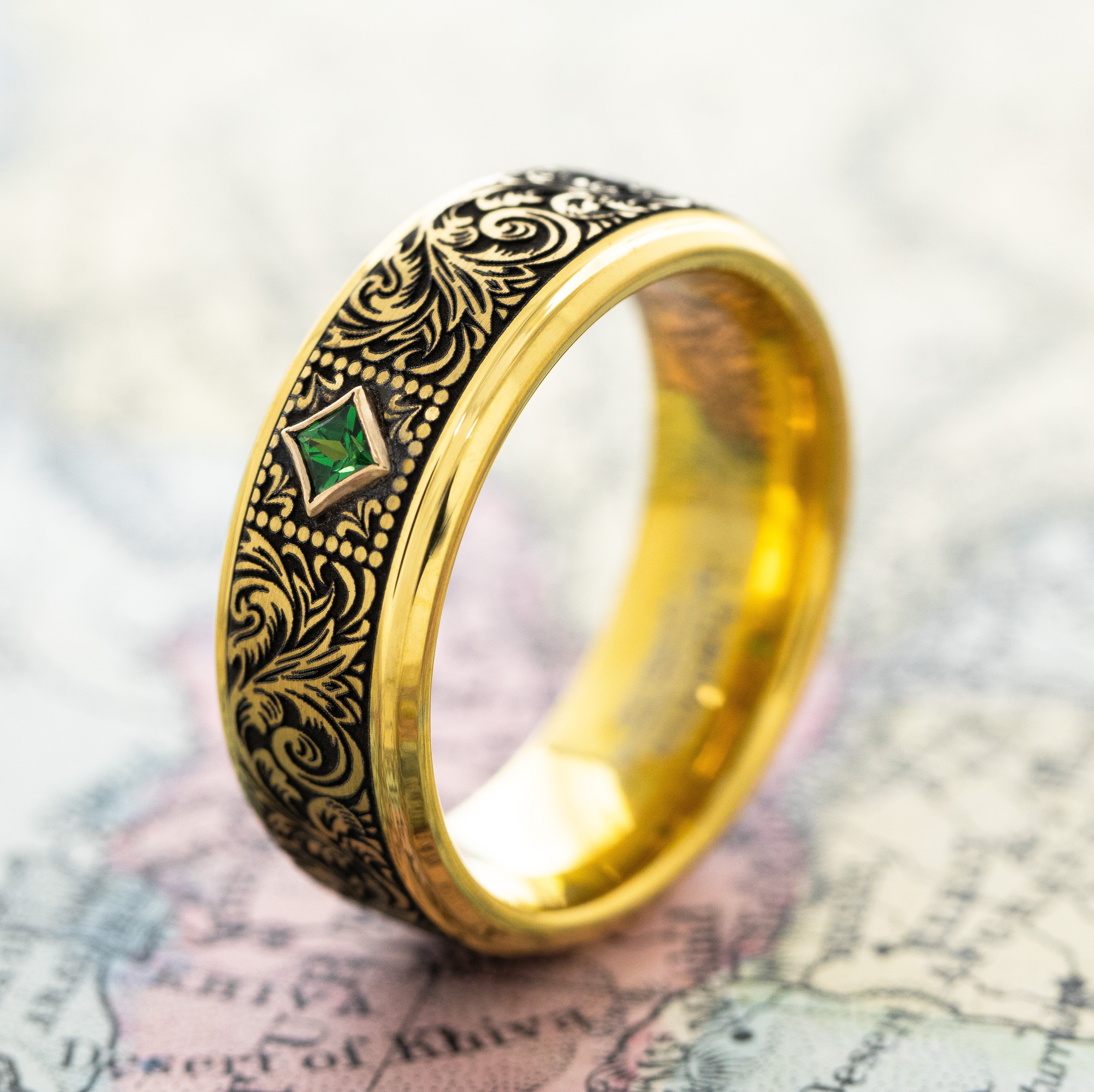 8mm Tungsten Carbide Ring with Yellow Gold Plating, Square Emerald and Victorian Style Floral Deep Engravings