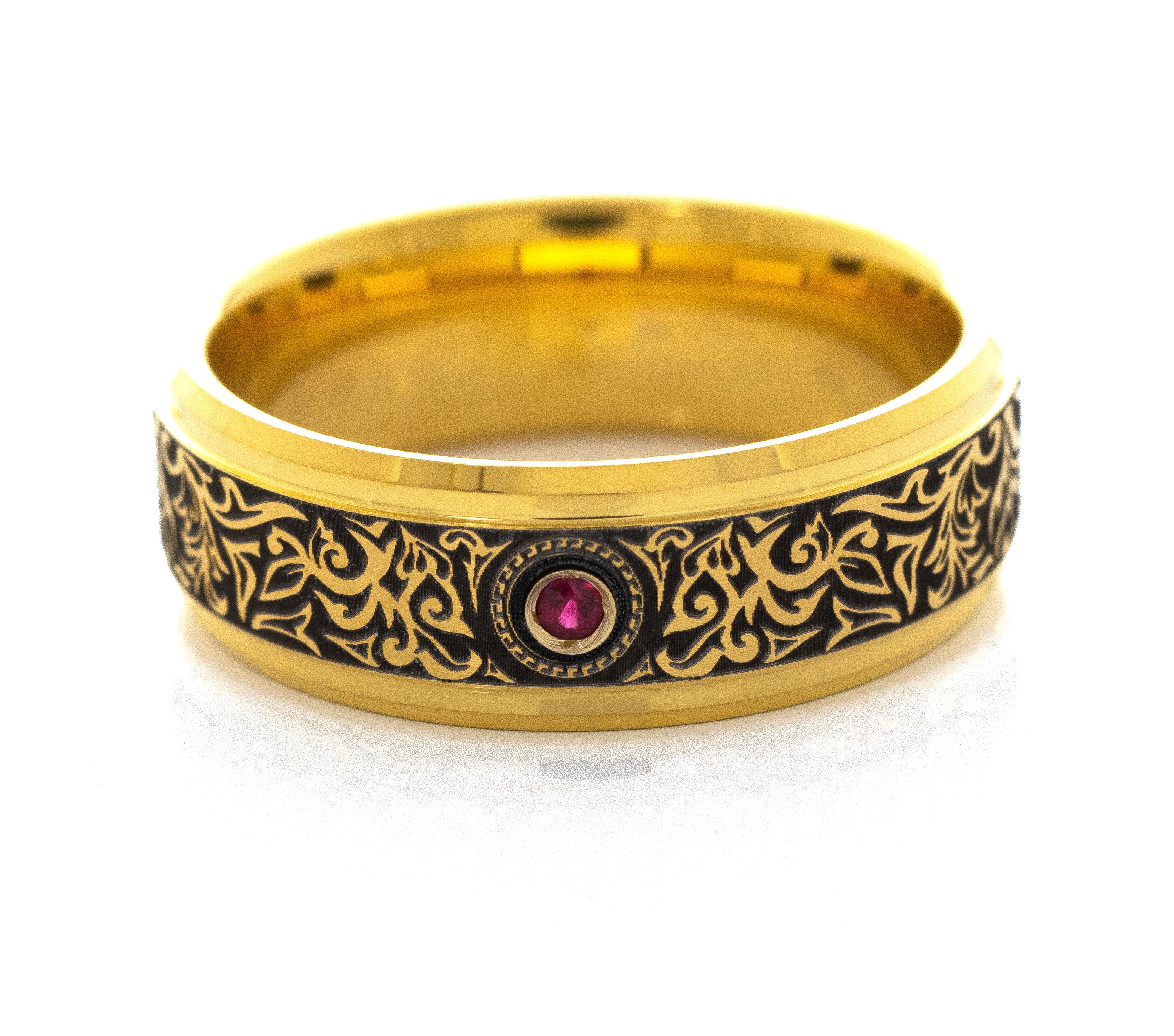 8mm Tungsten Carbide Ring with Yellow Gold Plating, Red Ruby and Victorian Style Floral Deep Engravings
