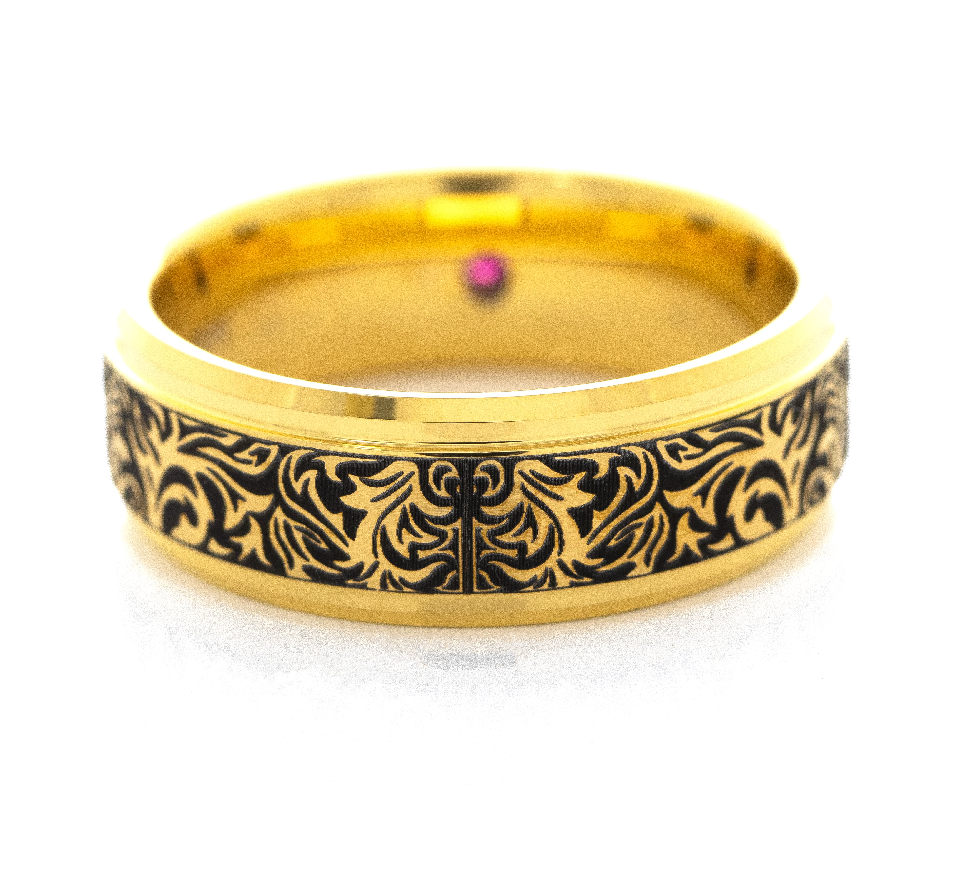 8mm Tungsten Carbide Ring with Yellow Gold Plating, Red Ruby and Victorian Style Floral Deep Engravings