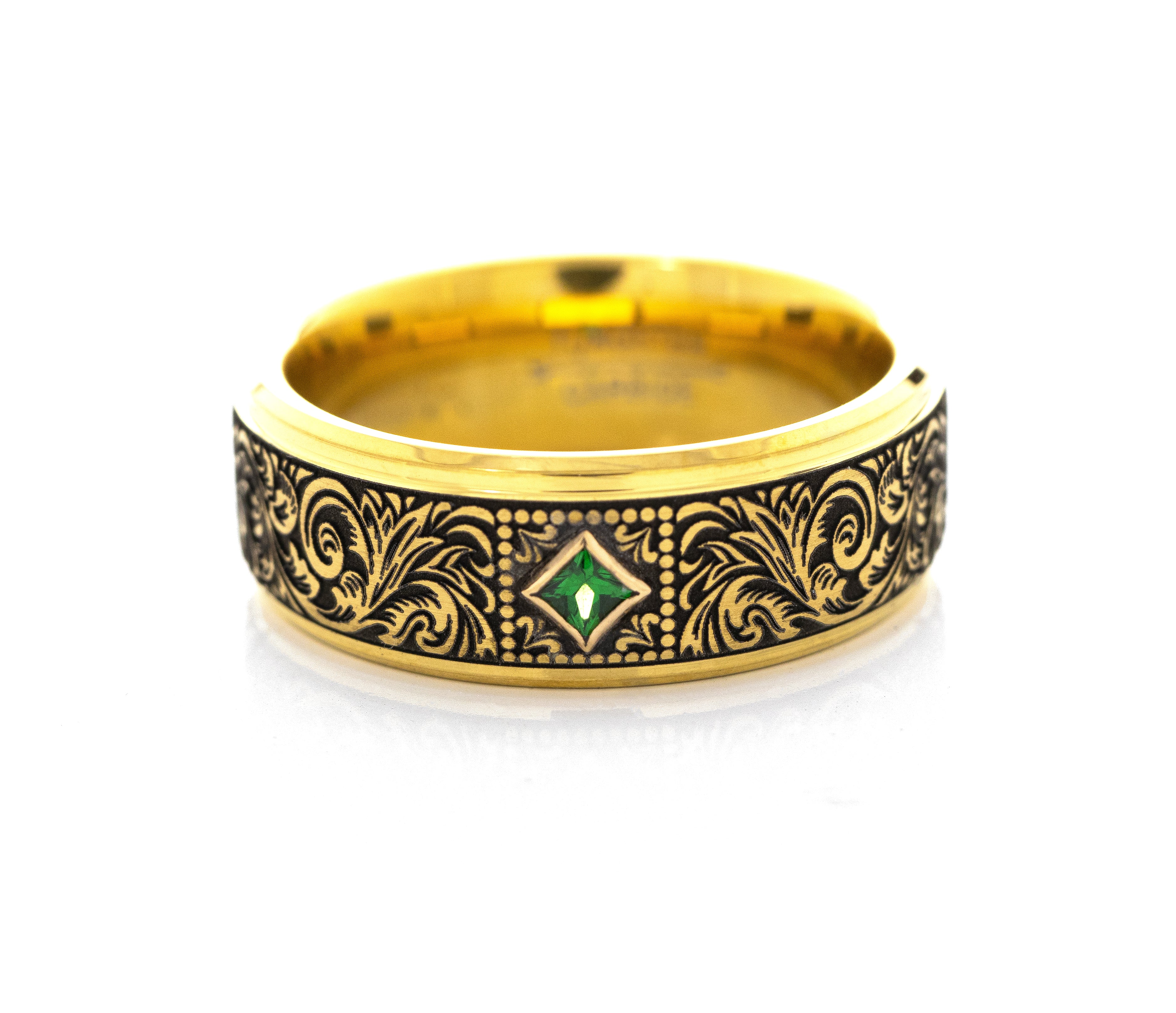 8mm Tungsten Carbide Ring with Yellow Gold Plating, Square Emerald and Victorian Style Floral Deep Engravings