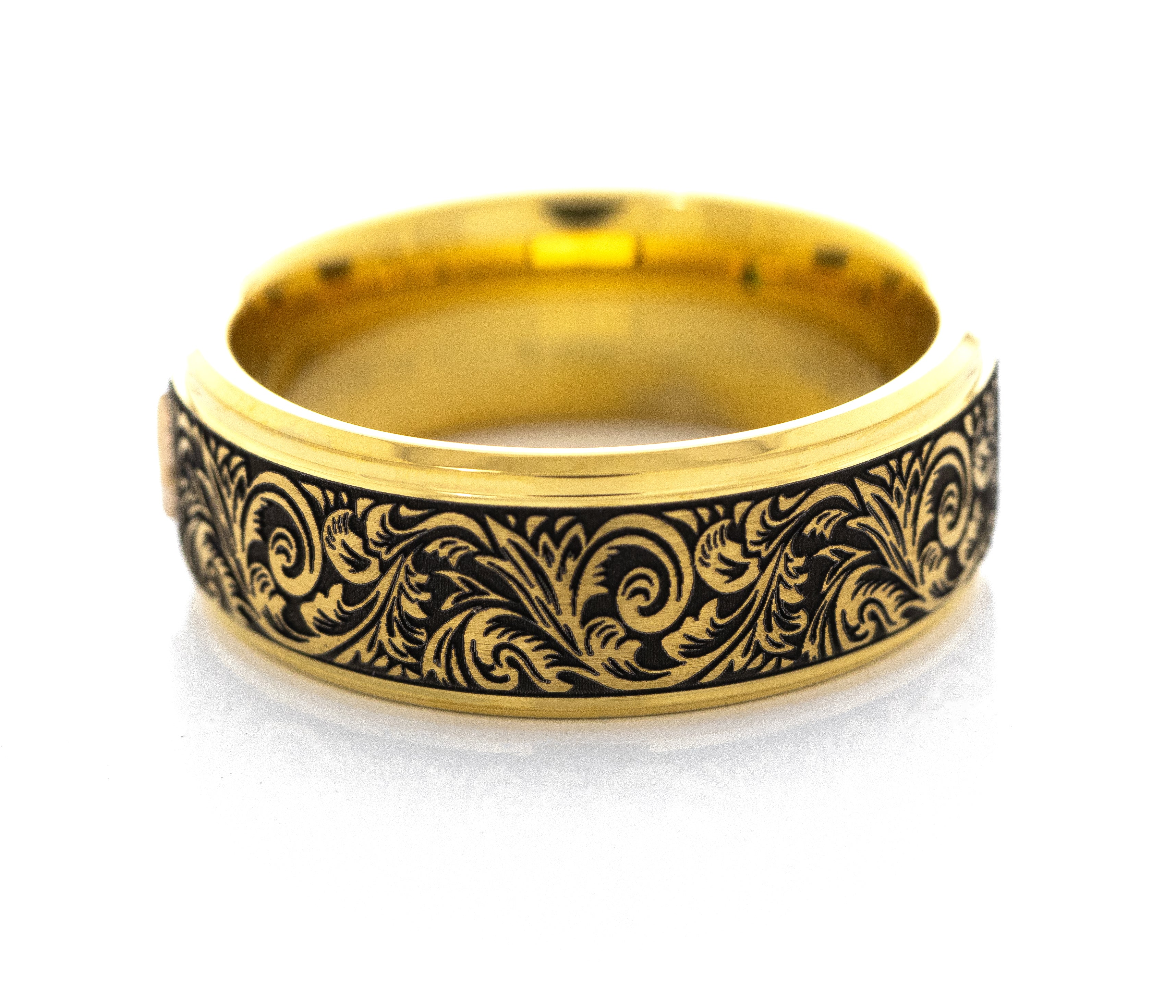 8mm Tungsten Carbide Ring with Yellow Gold Plating, Square Emerald and Victorian Style Floral Deep Engravings