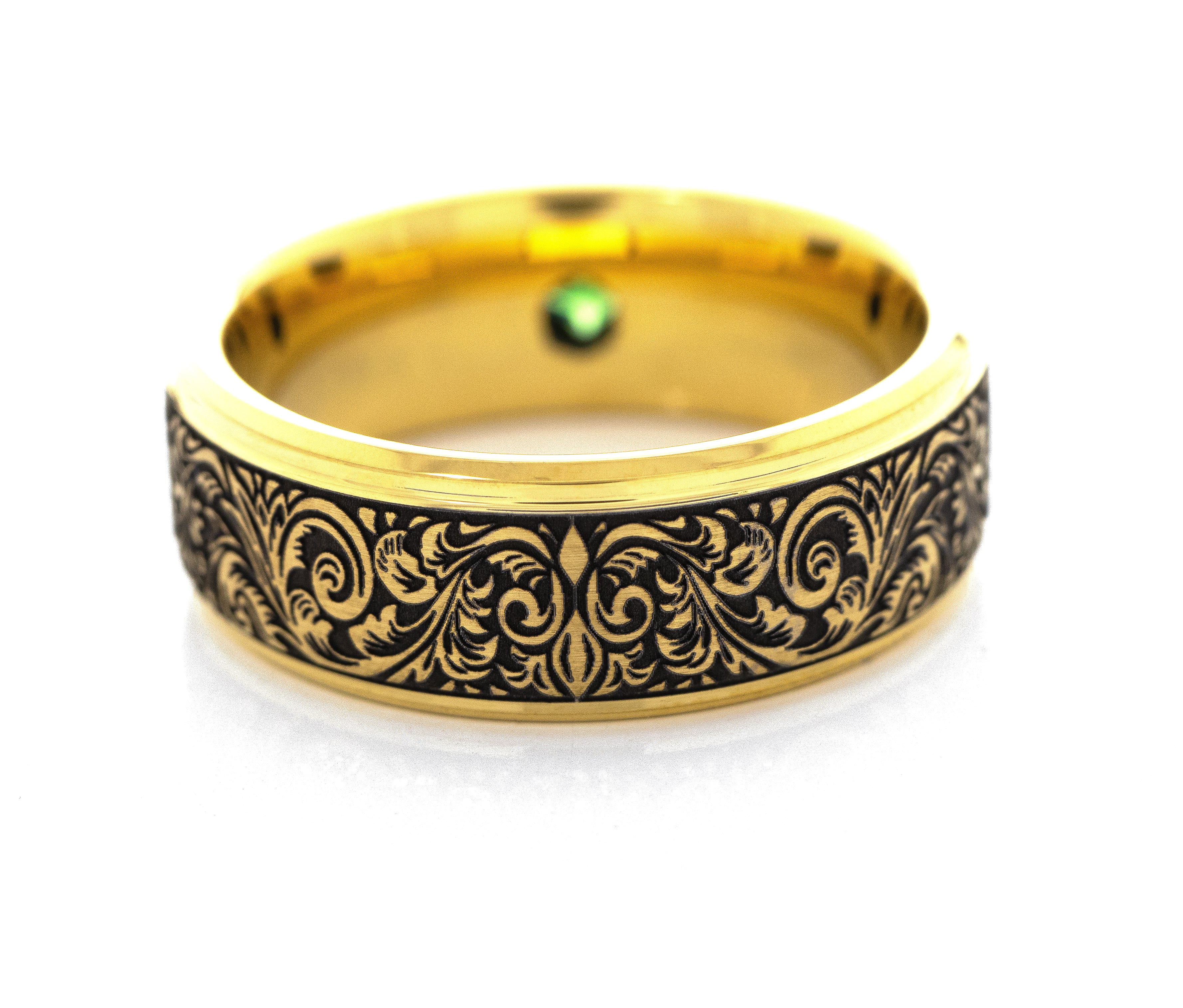 8mm Tungsten Carbide Ring with Yellow Gold Plating, Square Emerald and Victorian Style Floral Deep Engravings
