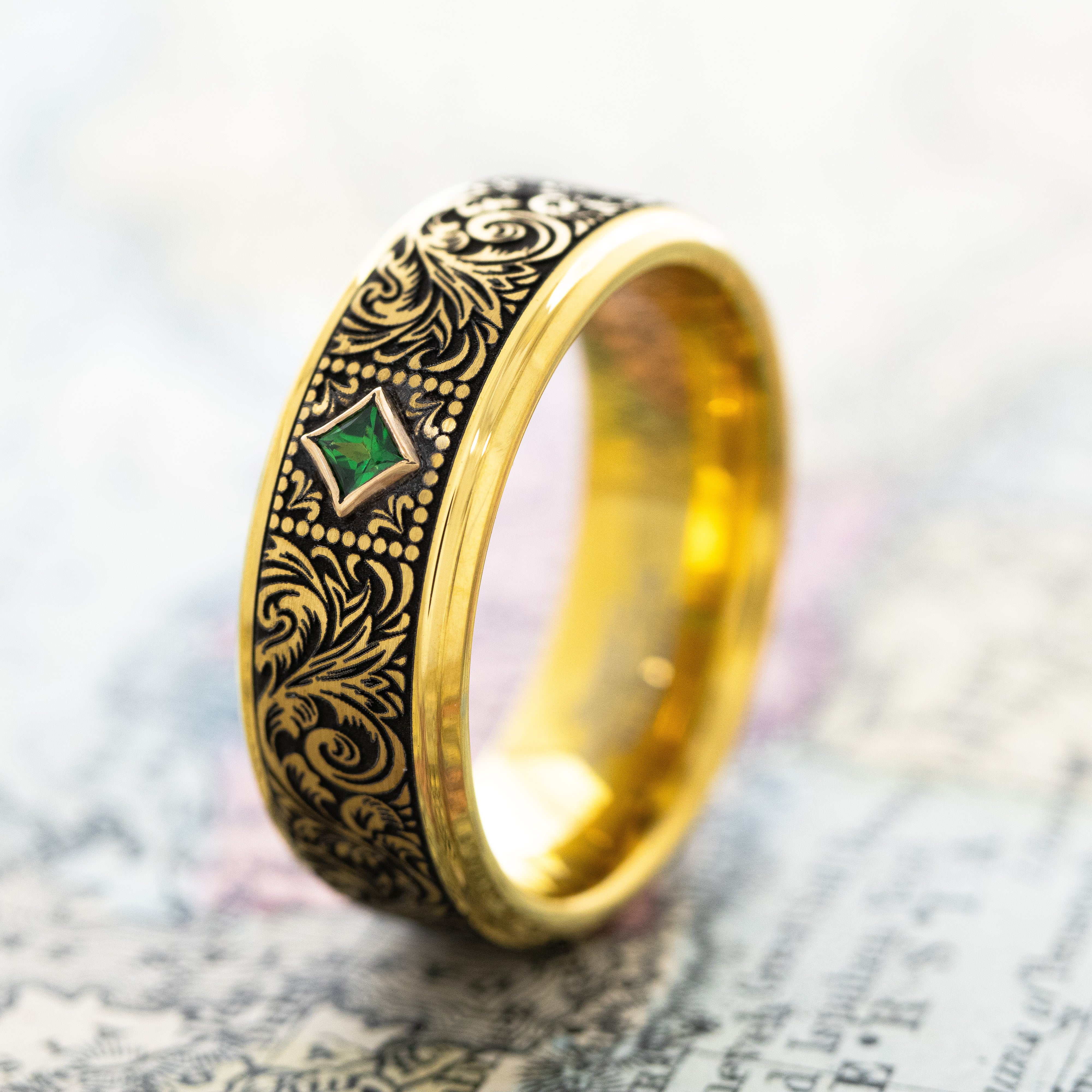 8mm Tungsten Carbide Ring with Yellow Gold Plating, Square Emerald and Victorian Style Floral Deep Engravings