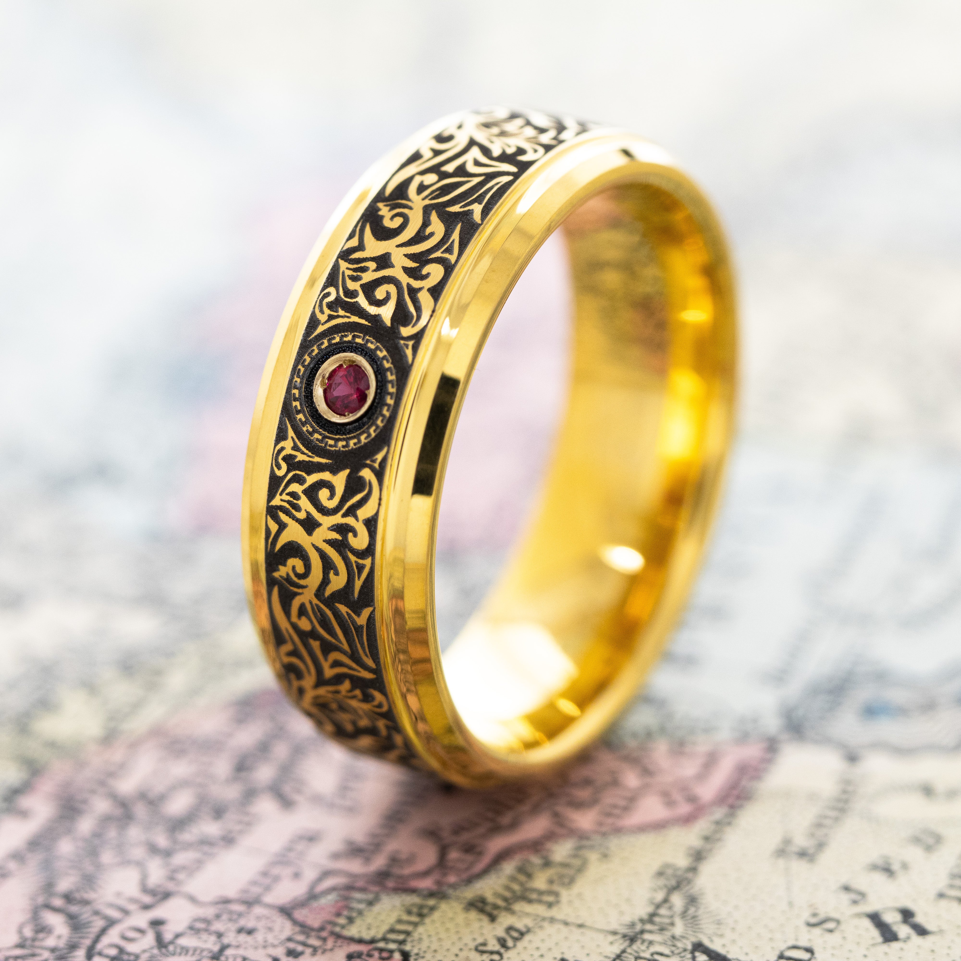 8mm Tungsten Carbide Ring with Yellow Gold Plating, Red Ruby and Victorian Style Floral Deep Engravings