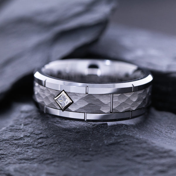 8mm Tungsten Carbide Ring with Notches and Diamond