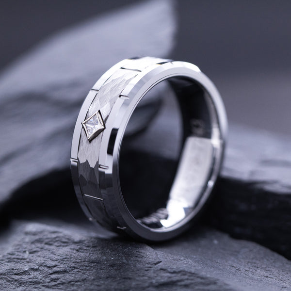 8mm Tungsten Carbide Ring with Notches and Diamond