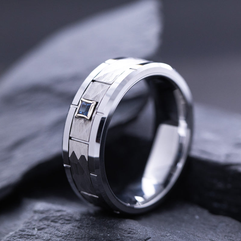 8mm Hammered Tungsten Carbide Ring with Notches and Blue Sapphire