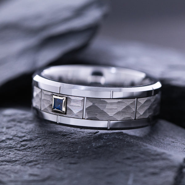 8mm Hammered Tungsten Carbide Ring with Notches and Blue Sapphire