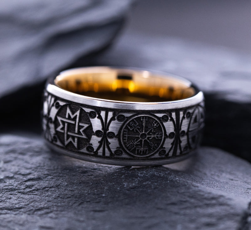 8mm Rose Gold Plated Tungsten Carbide Ring with Engraved Norse Viking Symbols and Runes