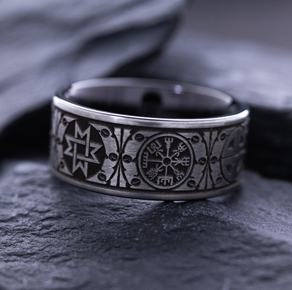 8mm Black and Silver Tungsten Carbide Ring with Engraved Norse Viking Symbols