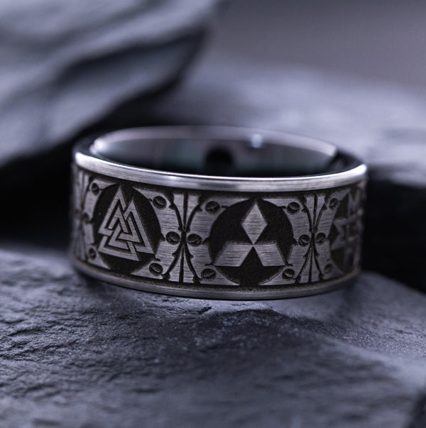 8mm Black and Silver Tungsten Carbide Ring with Engraved Norse Viking Symbols