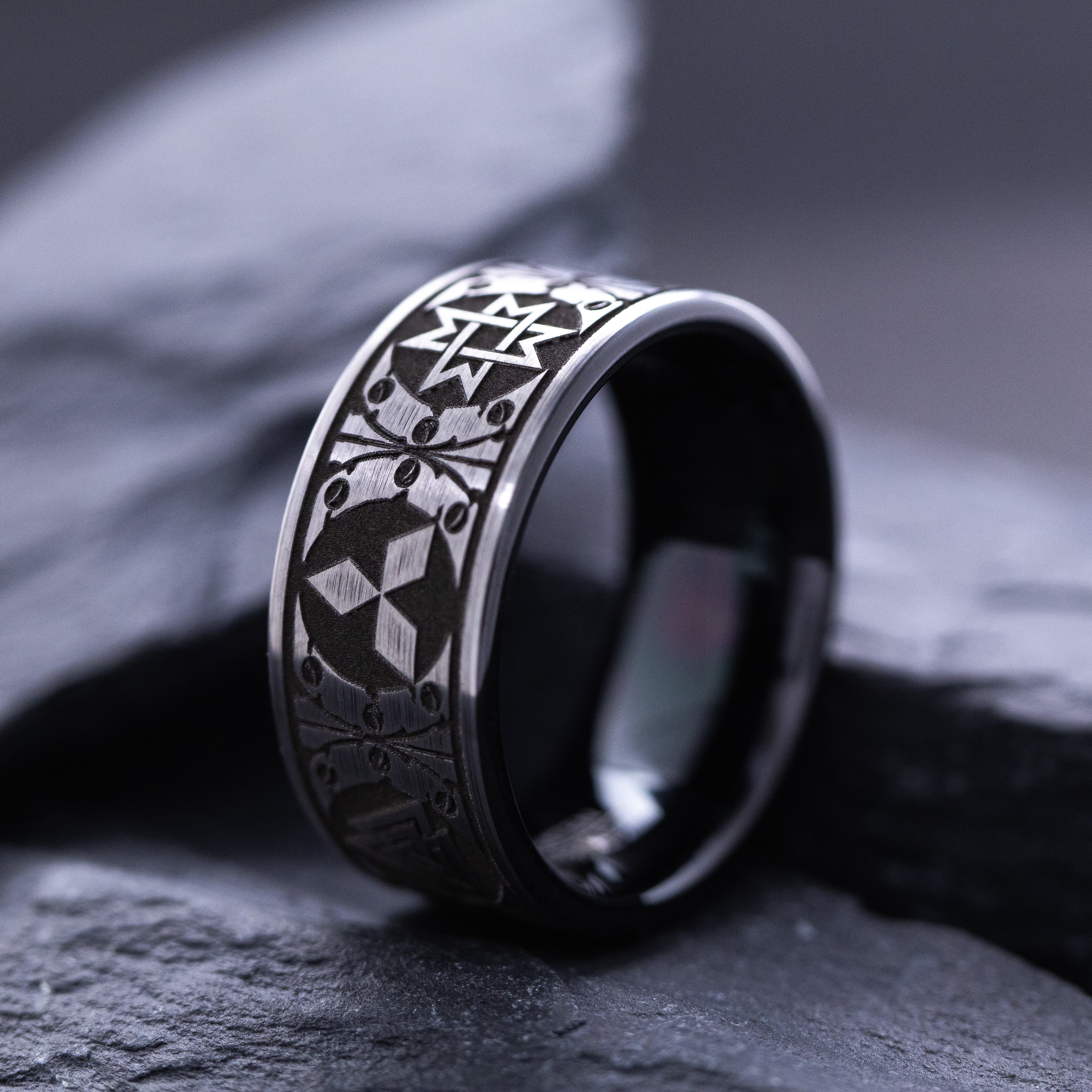 8mm Black and Silver Tungsten Carbide Ring with Engraved Norse Viking Symbols
