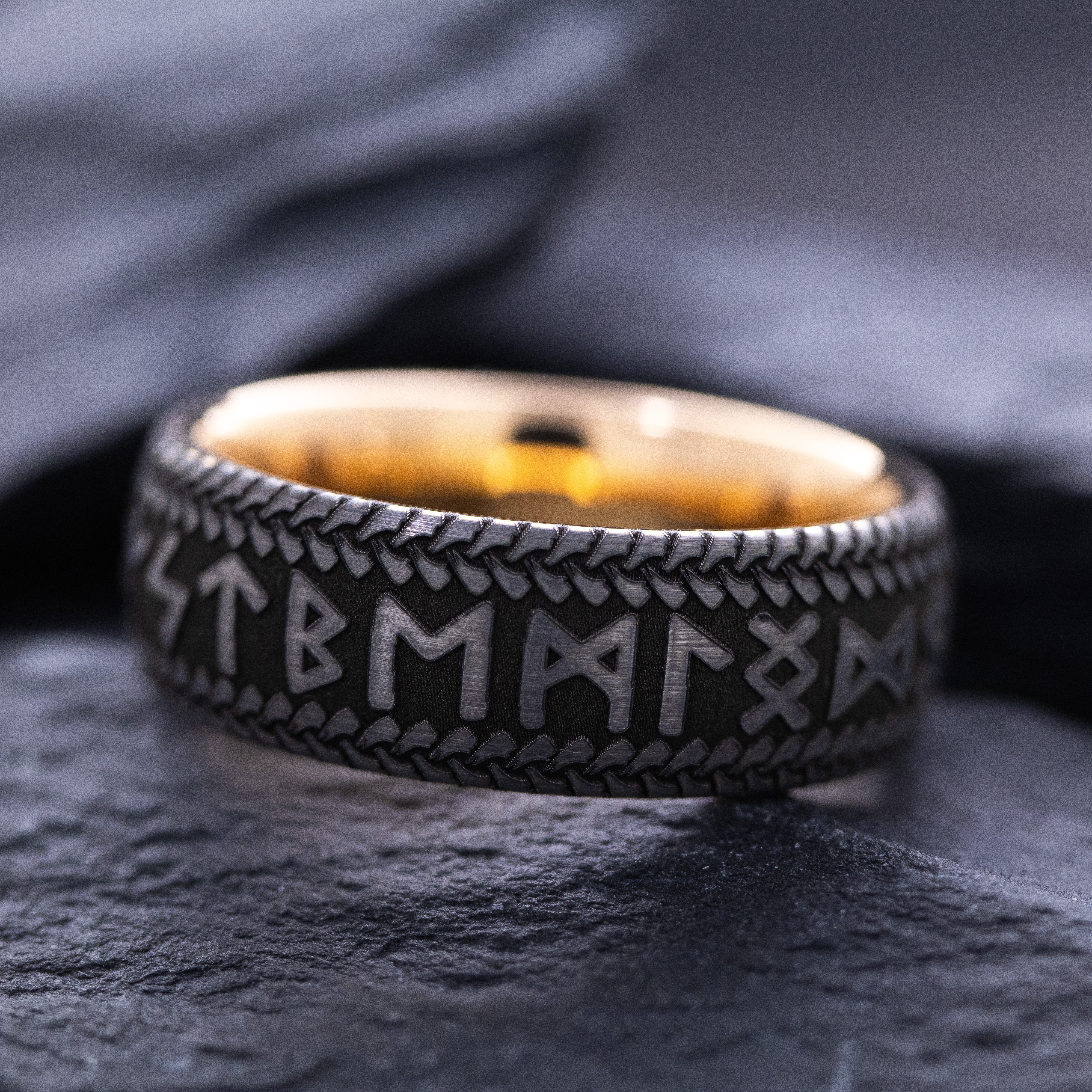 8mm Deep Engraved Tungsten Ring with Norse Runes and Rose Gold Plating