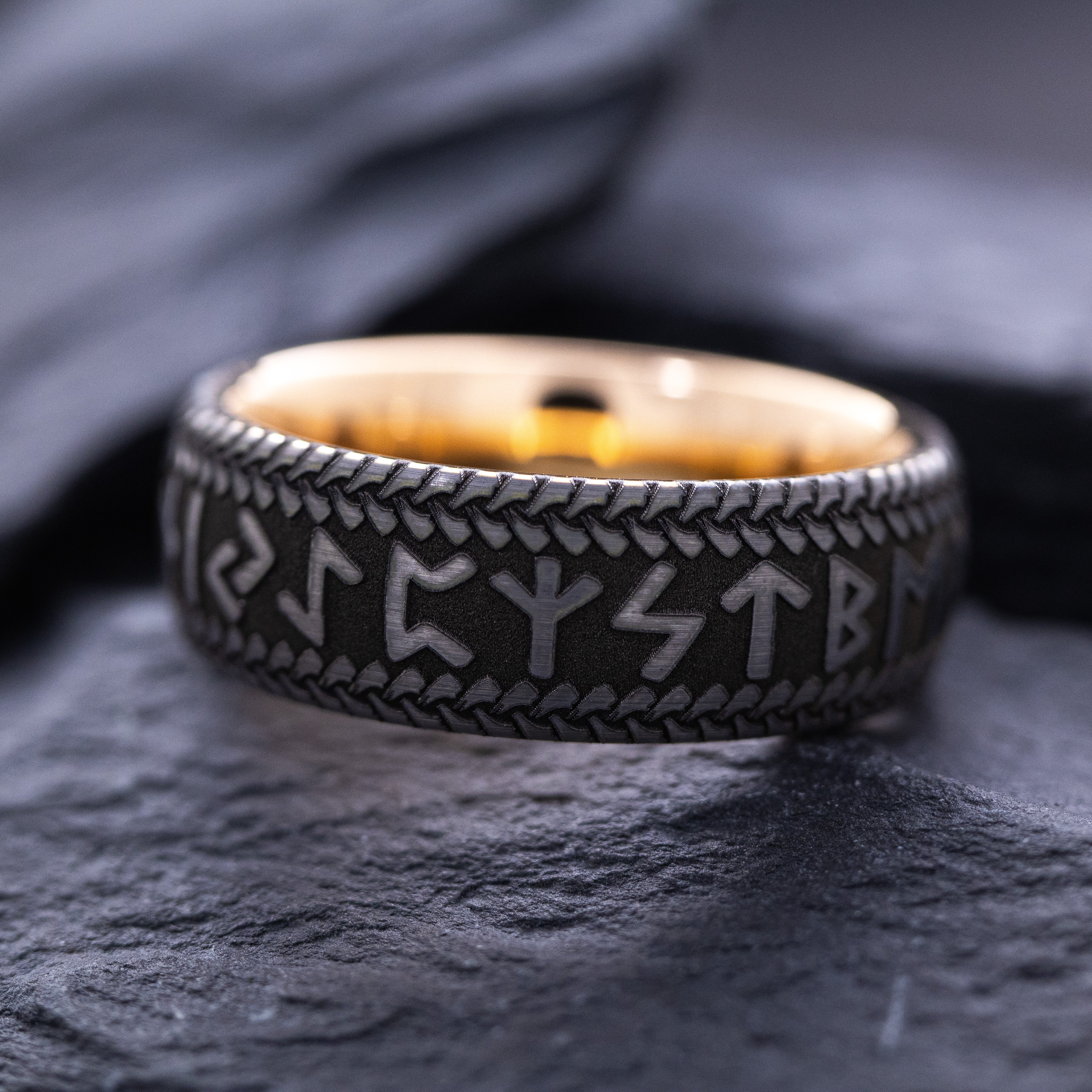 8mm Deep Engraved Tungsten Ring with Norse Runes and Rose Gold Plating