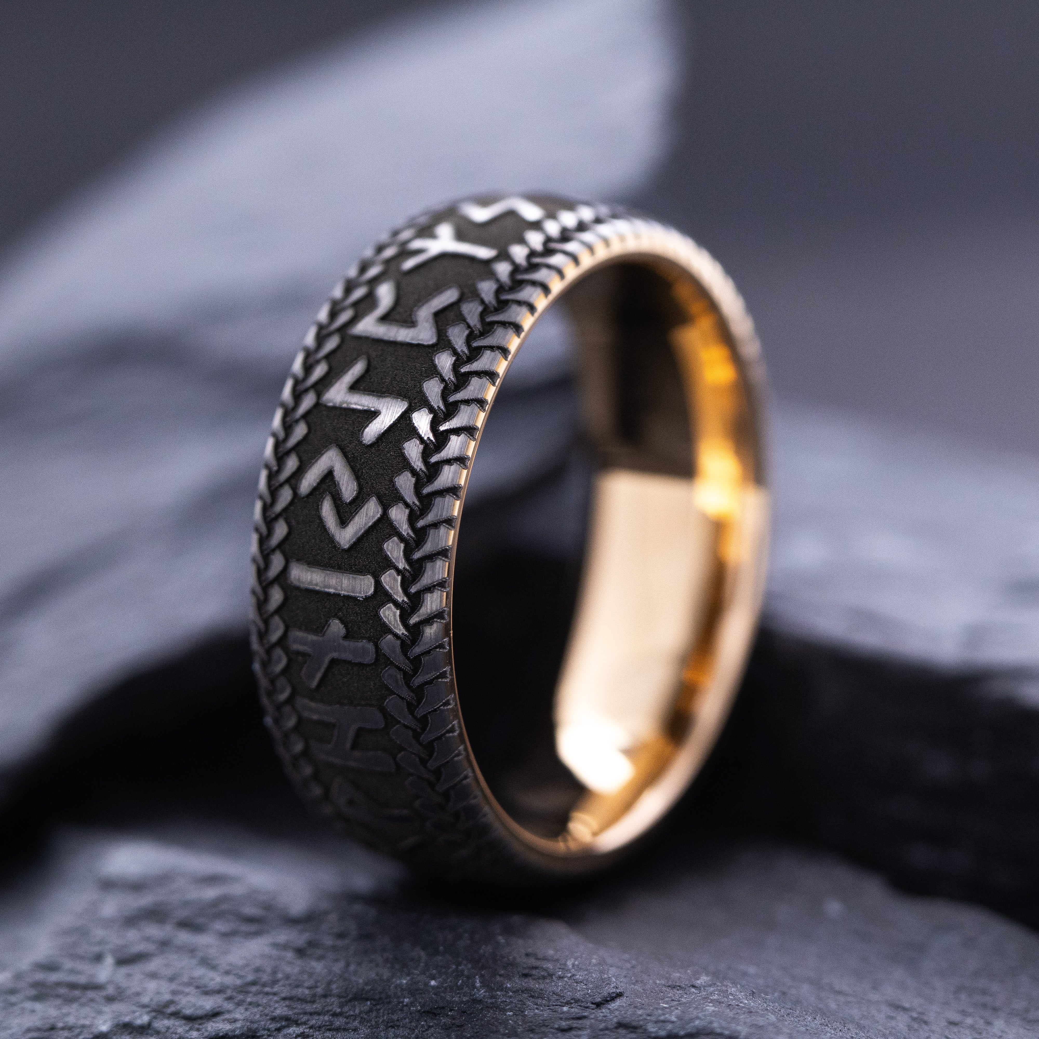 8mm Deep Engraved Tungsten Ring with Norse Runes and Rose Gold Plating