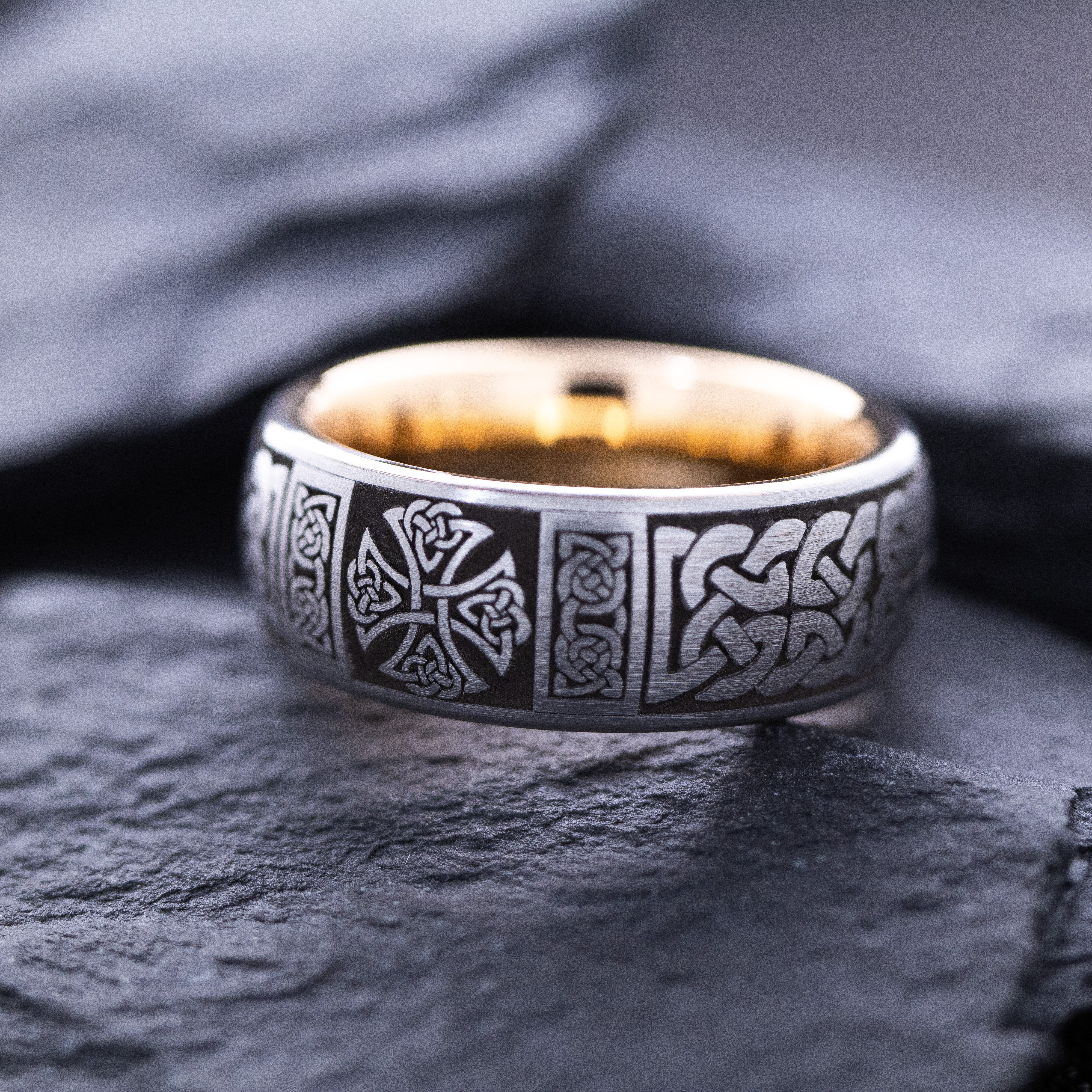 8mm Tungsten Carbide Ring with Celtic Cross and Rose Gold Plating