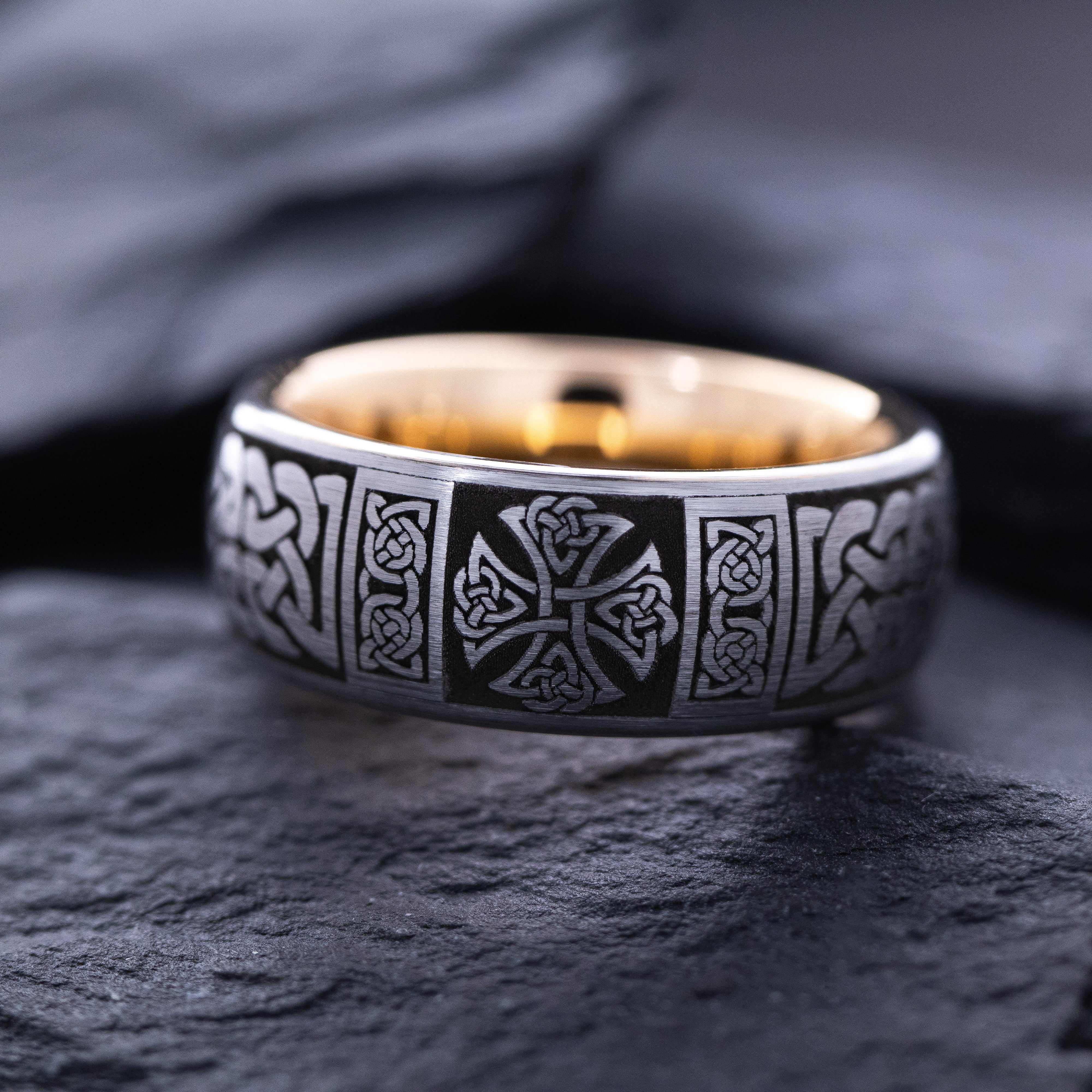 8mm Tungsten Carbide Ring with Celtic Cross and Rose Gold Plating