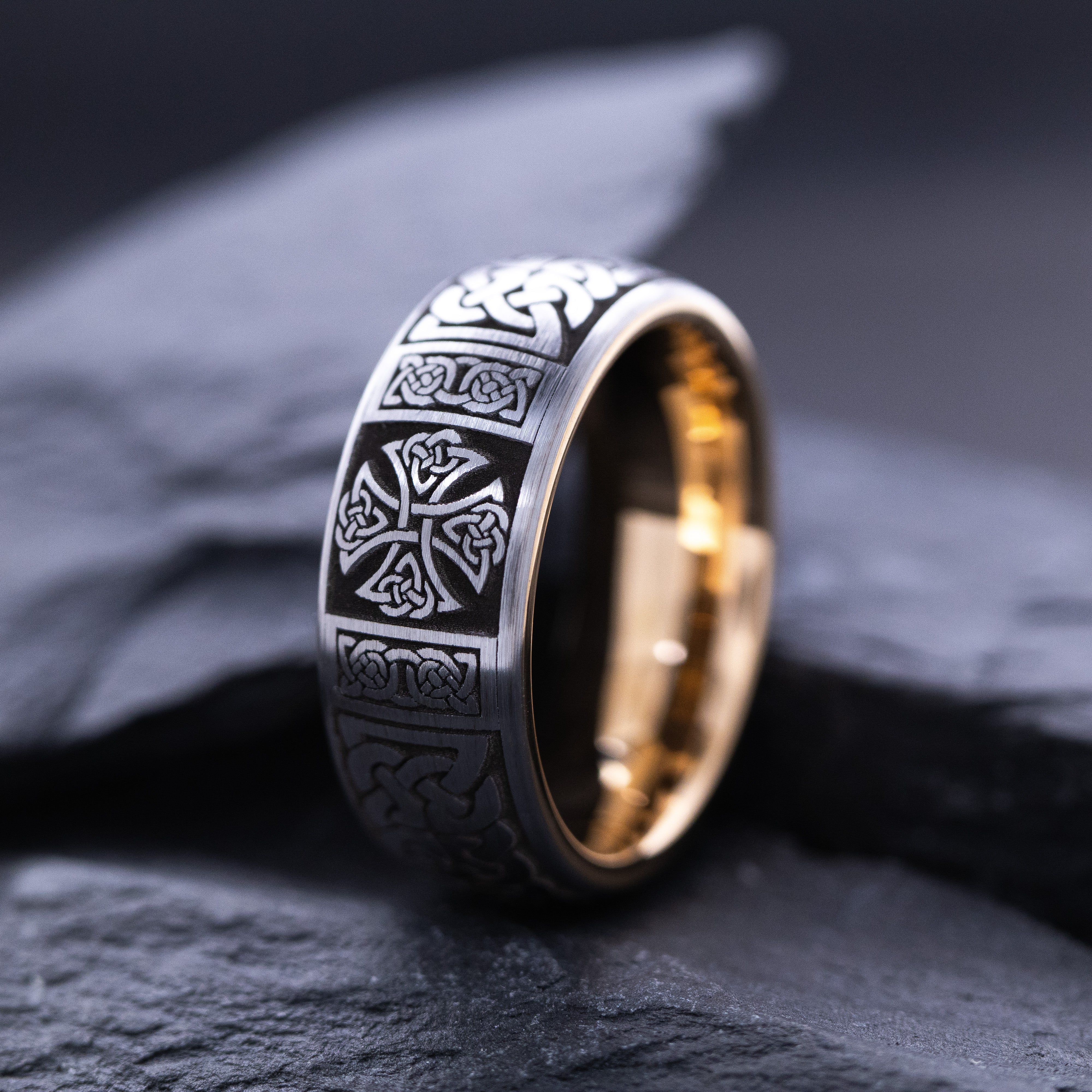 8mm Tungsten Carbide Ring with Celtic Cross and Rose Gold Plating