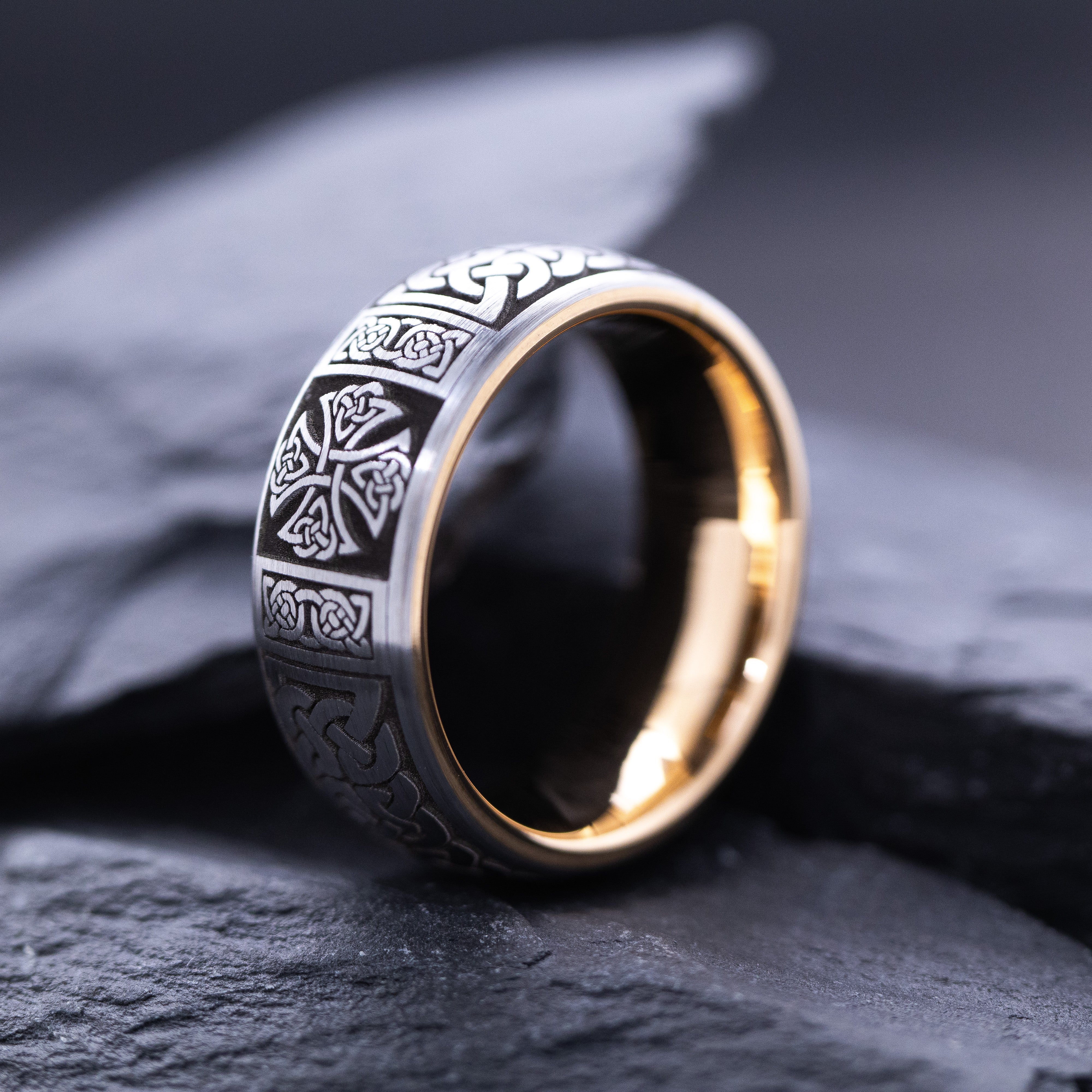 8mm Tungsten Carbide Ring with Celtic Cross and Rose Gold Plating