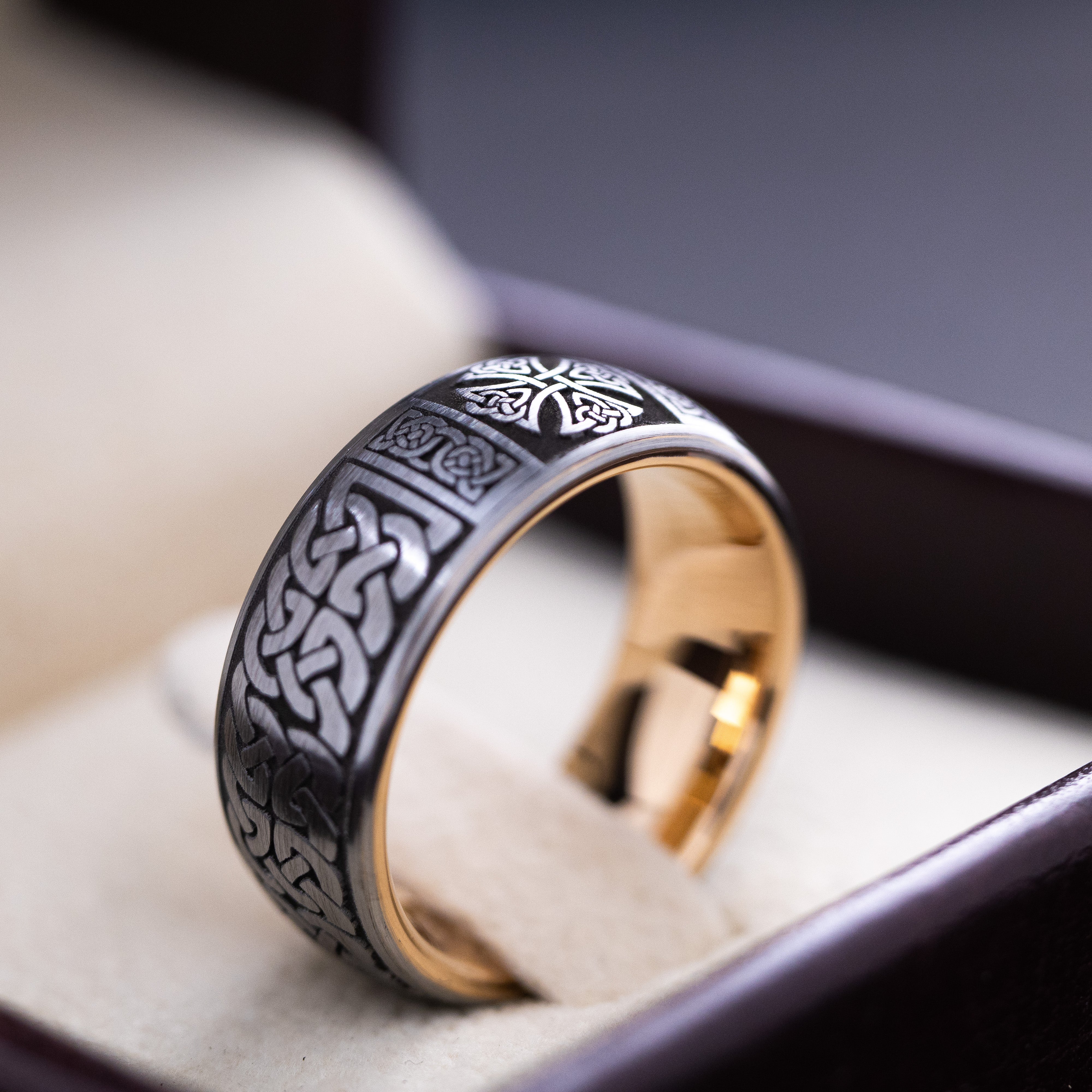 8mm Tungsten Carbide Ring with Celtic Cross and Rose Gold Plating