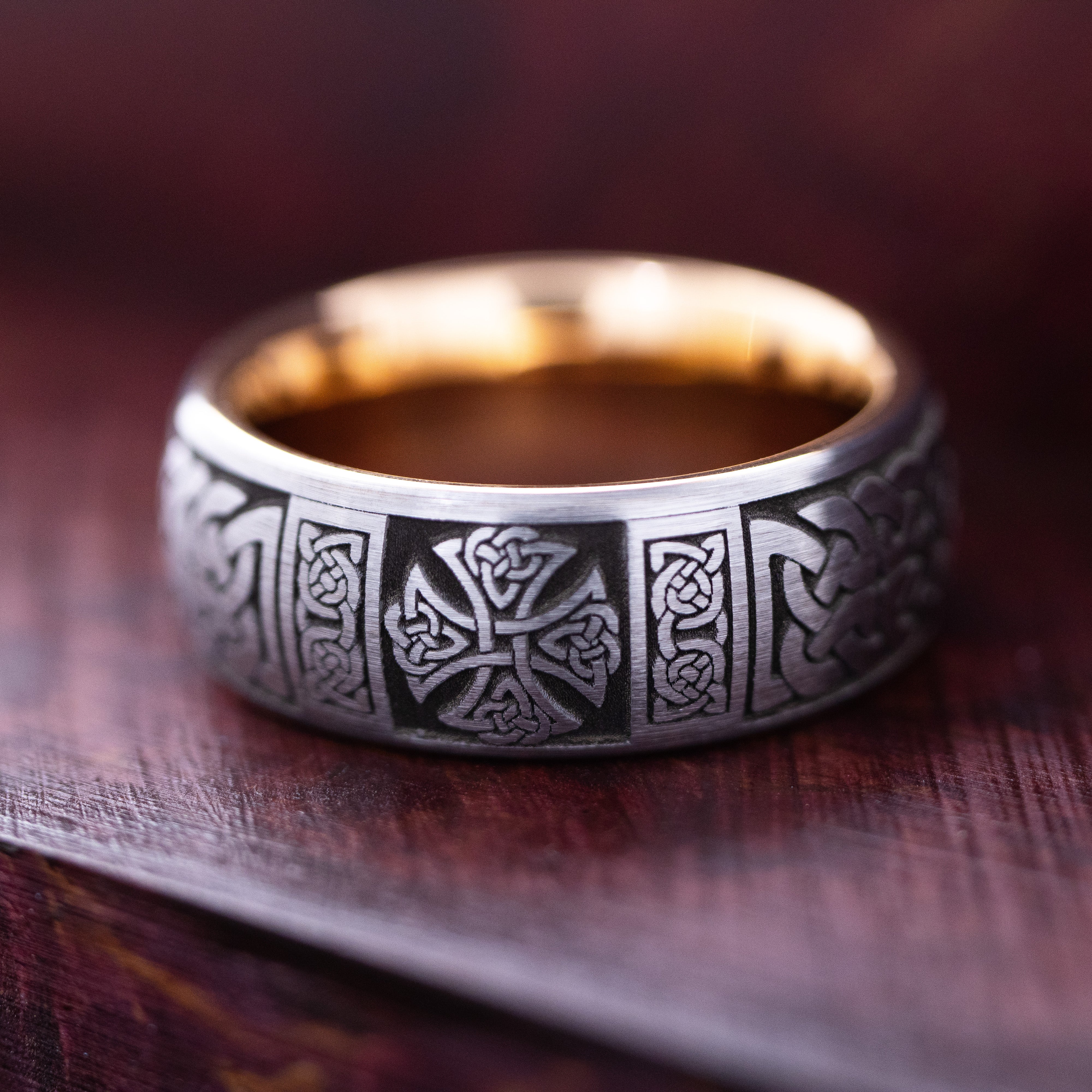 8mm Tungsten Carbide Ring with Celtic Cross and Rose Gold Plating