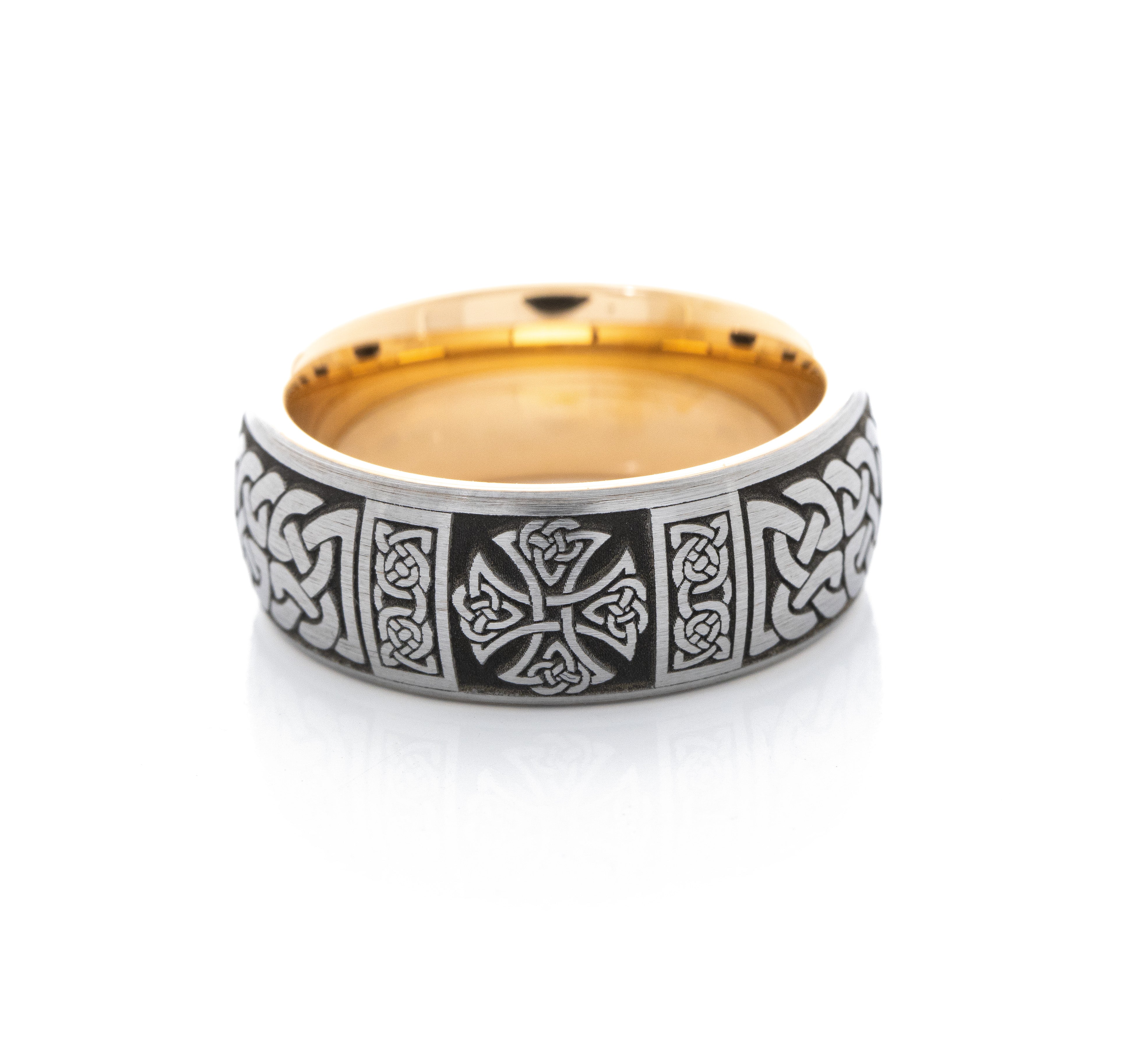8mm Tungsten Carbide Ring with Celtic Cross and Rose Gold Plating