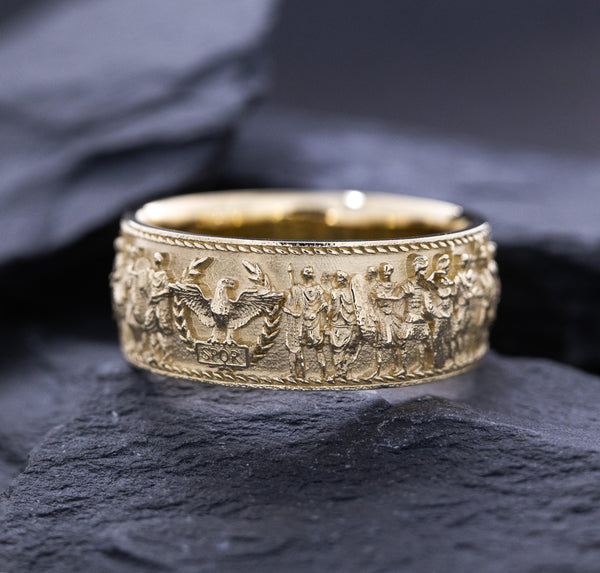 Solid 14k and 18k Yellow Gold Ring with Roman Emperor Caracalla's Relief and Capitoline Wolf