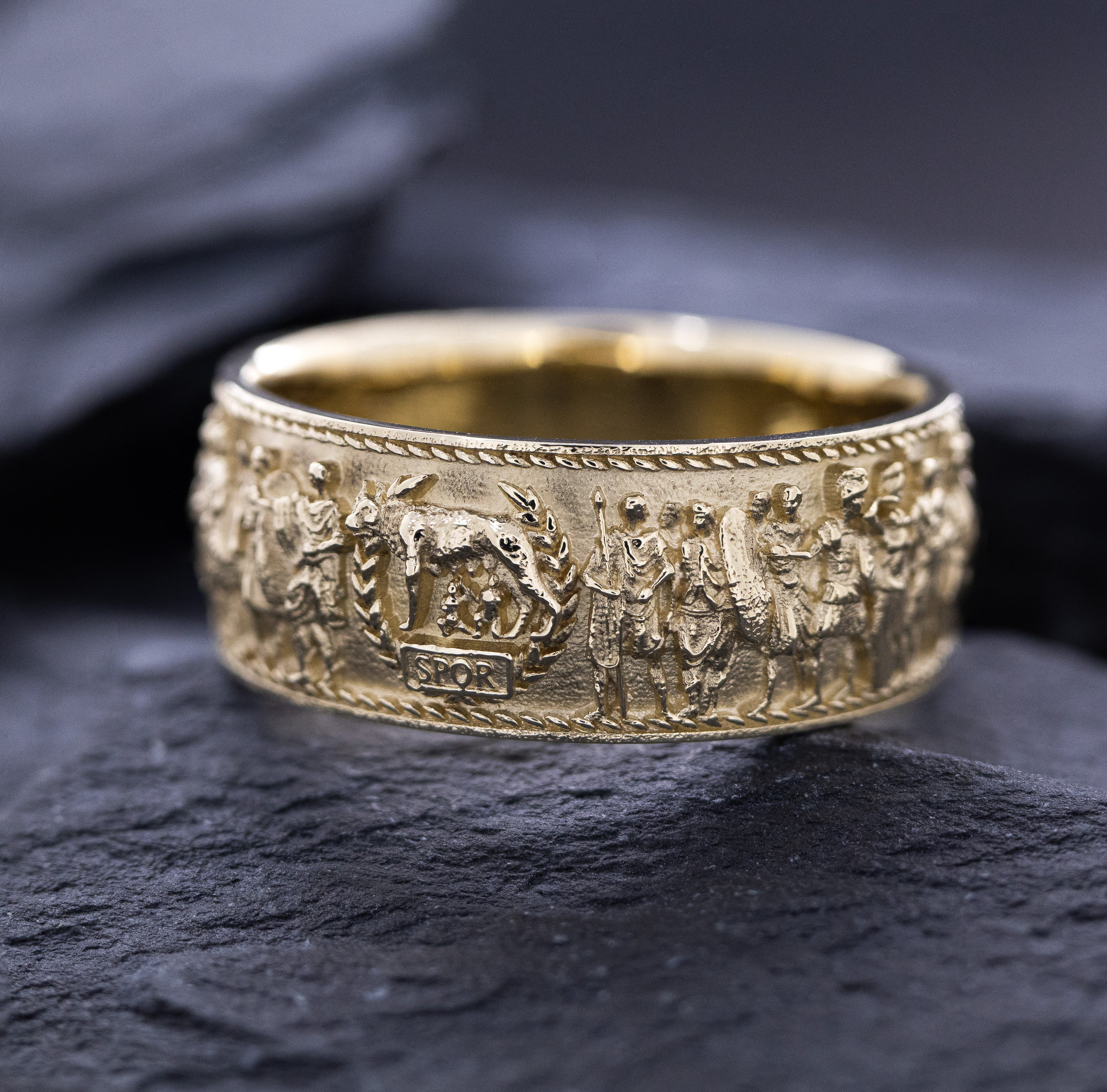 Solid 14k and 18k Yellow Gold Ring with Roman Emperor Caracalla's Relief and Capitoline Wolf