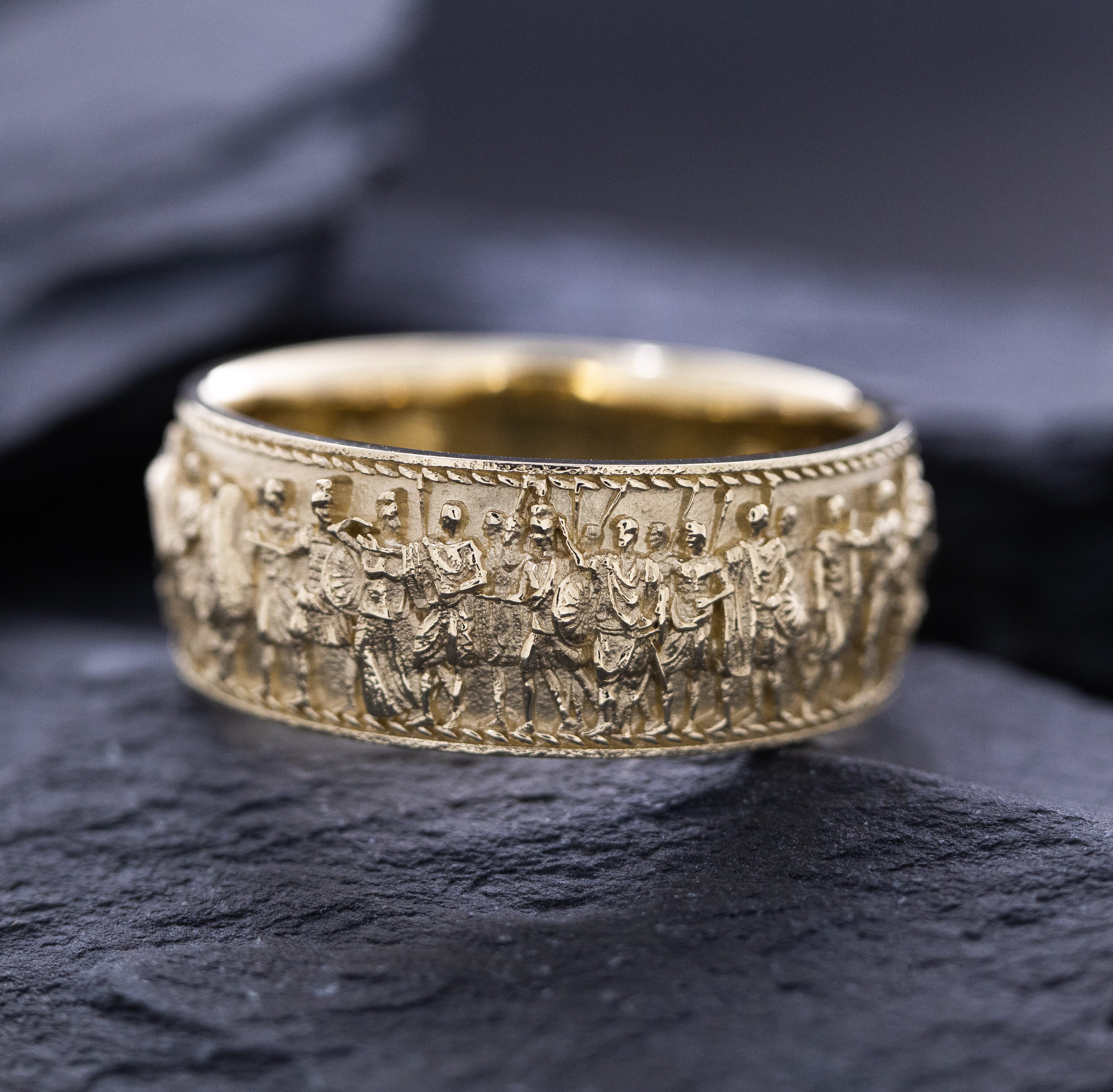 Solid 14k and 18k Yellow Gold Ring with Roman Emperor Caracalla's Relief and Capitoline Wolf