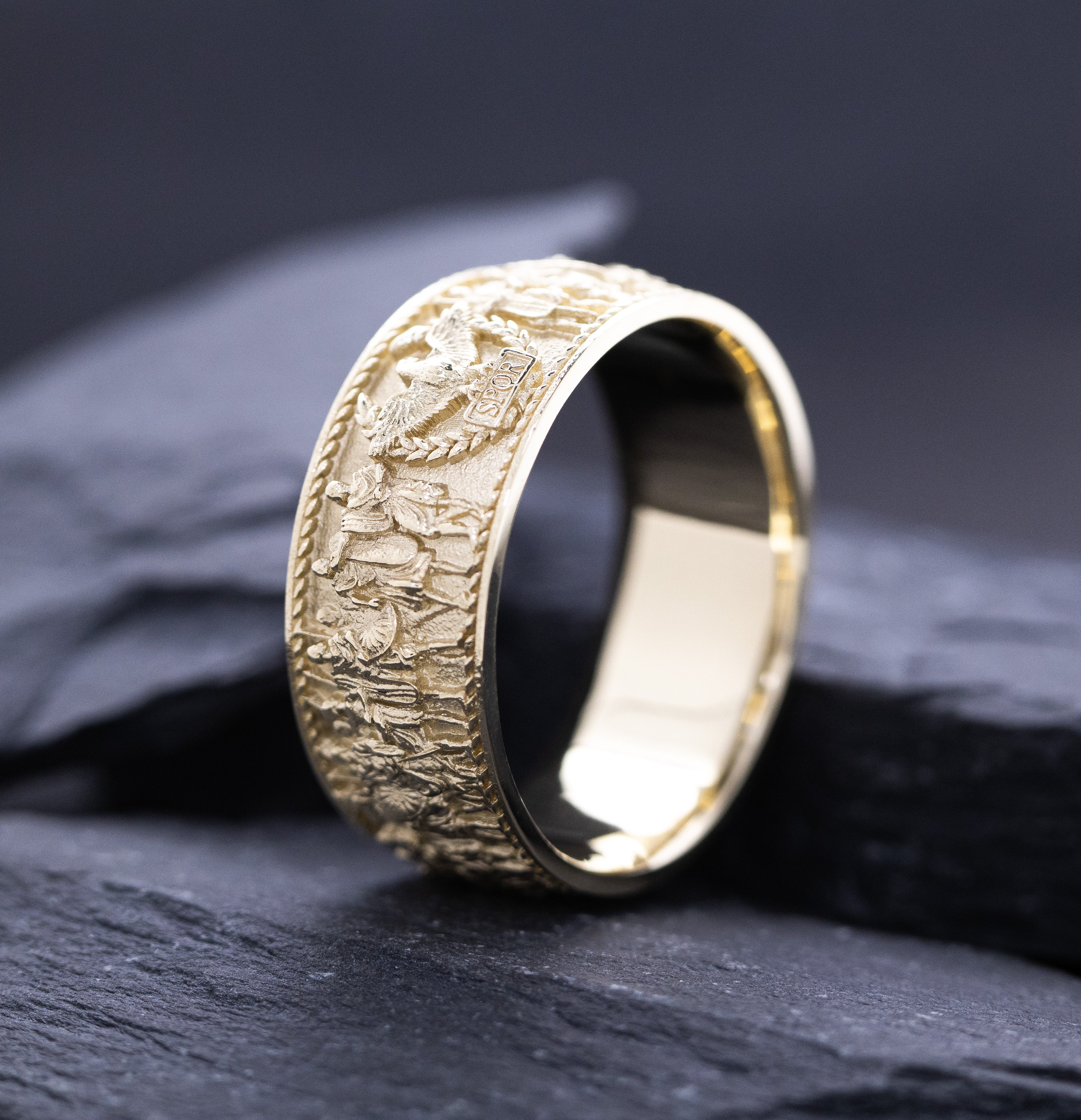 Solid 14k and 18k Yellow Gold Ring with Roman Emperor Caracalla's Relief and Capitoline Wolf