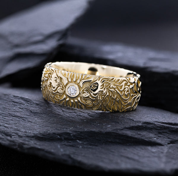 Custom No Stone Variant Of 8mm Custom Made, Solid Yellow Gold Ring with Medieval Style Engravings, 2 Lion Heads