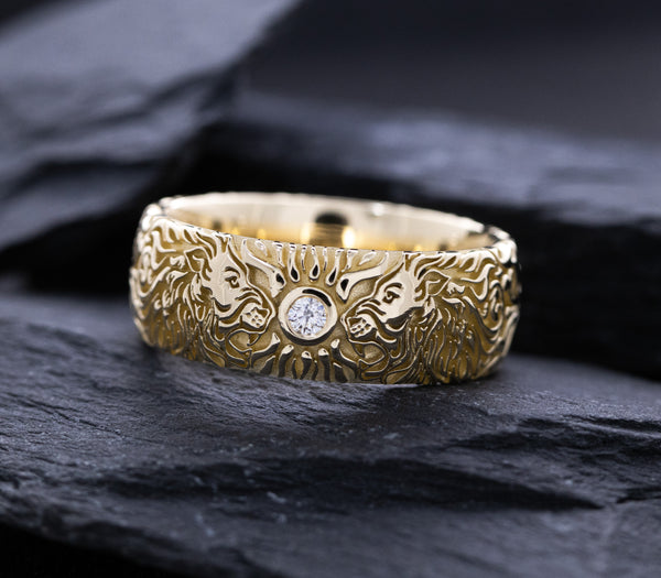 Custom No Stone Variant Of 8mm Custom Made, Solid Yellow Gold Ring with Medieval Style Engravings, 2 Lion Heads