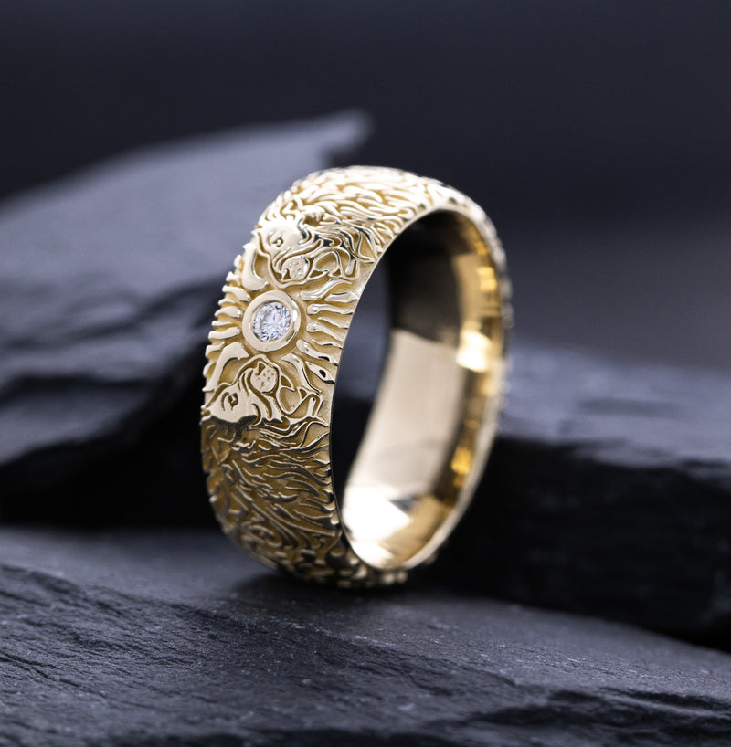 Custom No Stone Variant Of 8mm Custom Made, Solid Yellow Gold Ring with Medieval Style Engravings, 2 Lion Heads