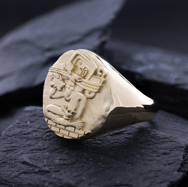 Mayan Solid Yellow Gold Signet Ring