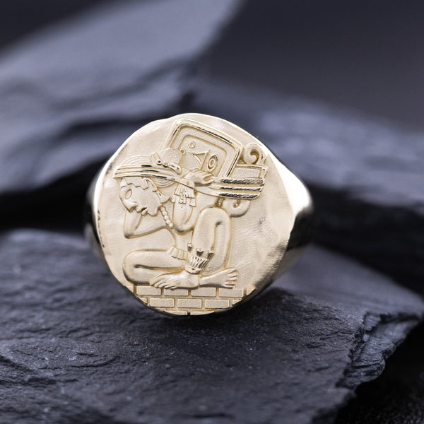 Mayan Solid Yellow Gold Signet Ring