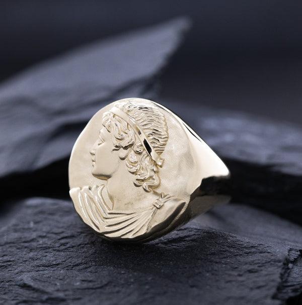 Solid 14k Yellow Gold Signet Ring with Hellenic Greek Side Profile