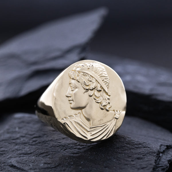 Solid 14k Yellow Gold Signet Ring with Hellenic Greek Side Profile