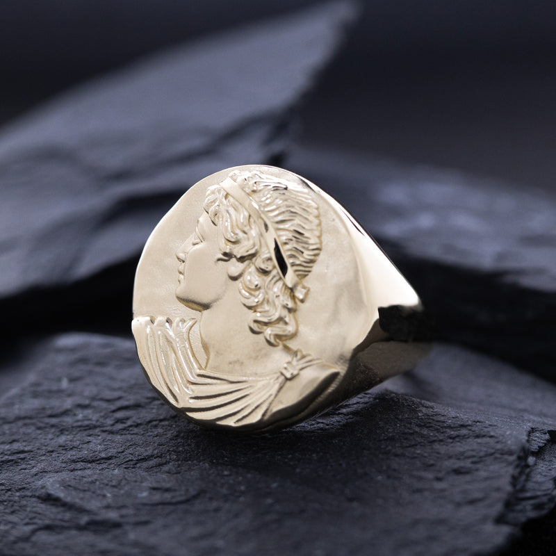 Solid 14k Yellow Gold Signet Ring with Hellenic Greek Side Profile